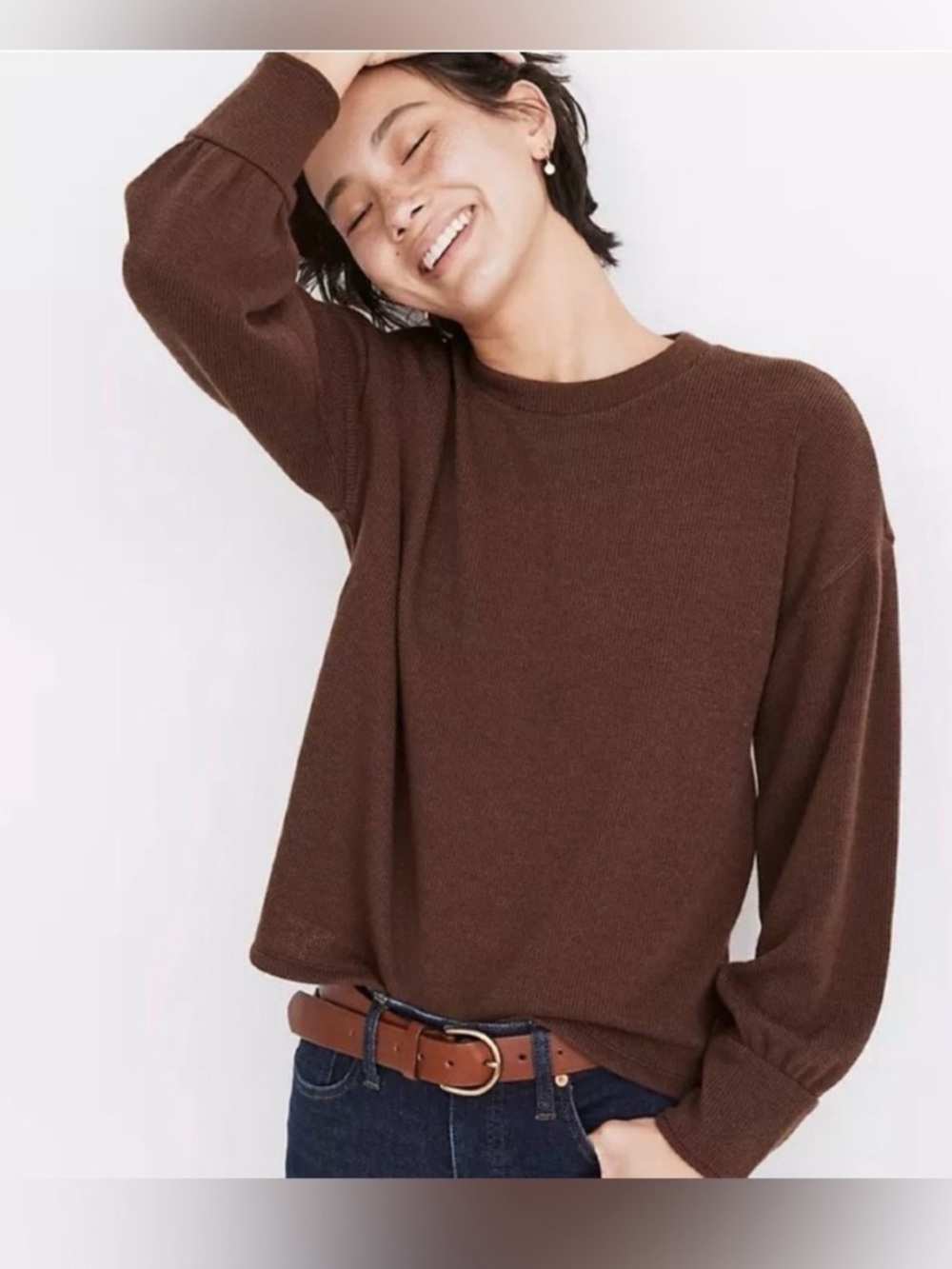 Madewell Brushed Knit Puff Sleeved Sweater — Chocolate Brown